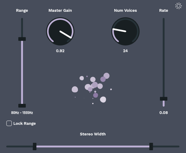 A screenshot of the drone visualiser in dark mode, showing a cluster of circles of different shades and sizes, representing the oscillators