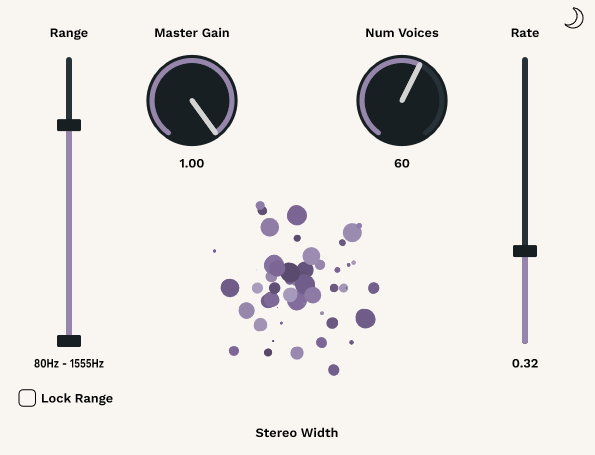 A screenshot of the drone visualiser in light mode, showing a cluster of circles of different shades and sizes, representing the oscillators