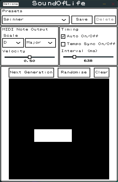A gif of the Sound of Life plugin. It shows the grid changing according to the rules of the Game of Life, firstly with the famous Glider preset which is a known pattern that will 
              go on forever in the game of life, and then with the user interacting with the mouse and randomising the grid.