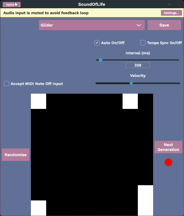 A gif of the Sound of Life plugin. It shows the grid changing according to the rules of the Game of Life, firstly with the famous Glider preset which is a known pattern that will 
              go on forever in the game of life, and then with the user interacting with the mouse and randomising the grid.