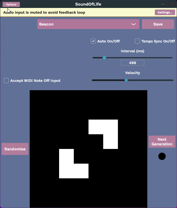 A gif of the Sound of Life plugin. It shows the user cycling through the various presets of well known Game of Life patterns 
              such as the 'Beacon', the 'Glider' and the 'Spinner'. The plugin is in auto mode and we see that the generations continue to generate uninterupted whilst the user cycles through the presets and the 
              user values such as velocity and interval are not changed by the preset.